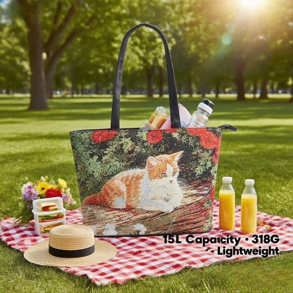 Luxurious Pebbled Leather Cat Tote - Lightweight 15L Floral Work Bag for Women - Picture 7 of 9